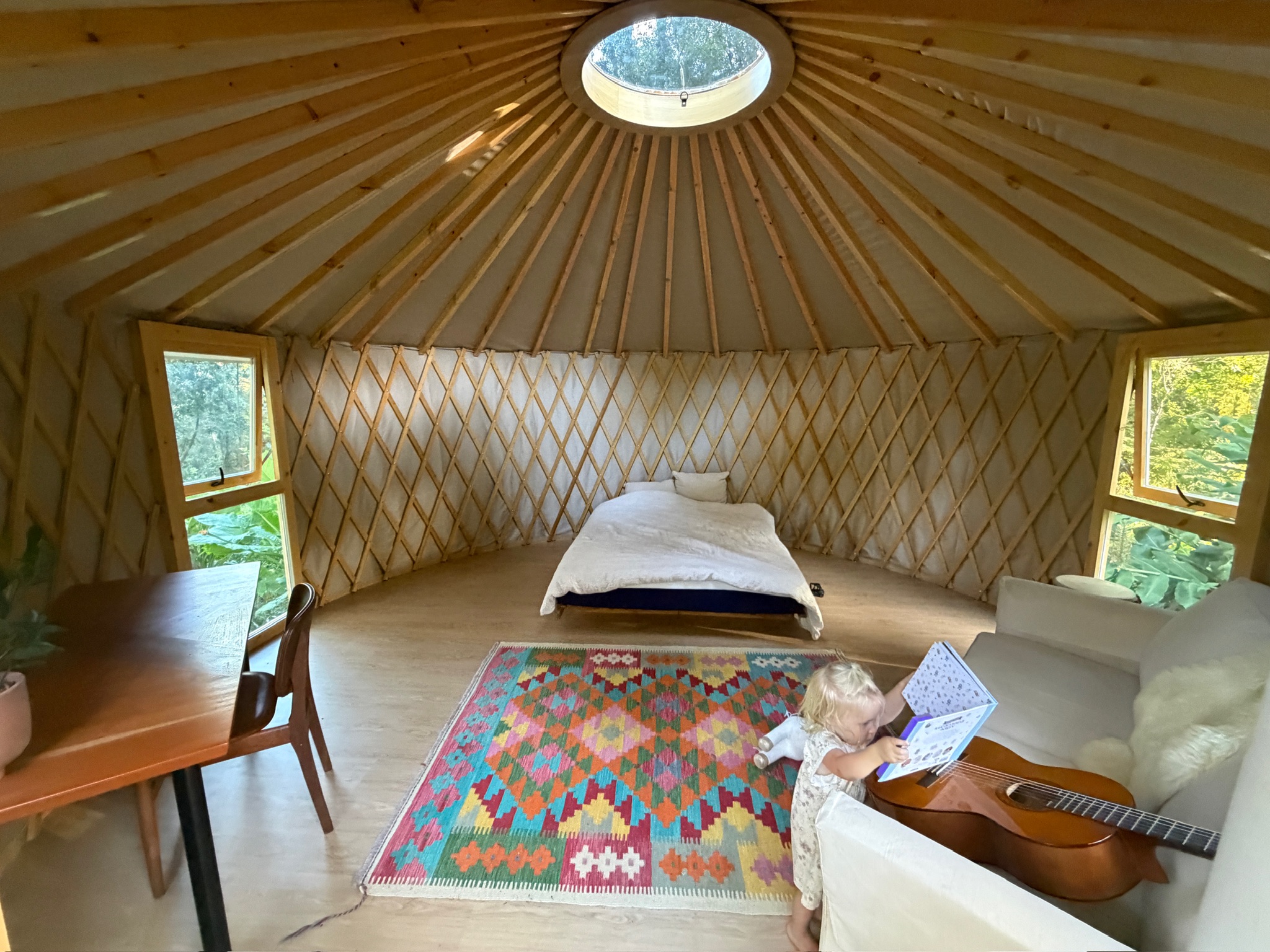 Wide-angle yurt interior, suited to off-grid and bushland retreats